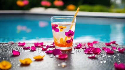 Summer swimming pool and drinks and flowers in glasses.