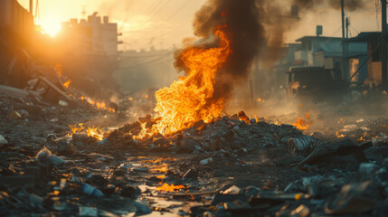 A devastating fire rages through an urban area with intense flames and billowing smoke against a backdrop of the setting sun.