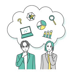 悩んだ顔をするビジネスパーソンのイラストとアイコンセット