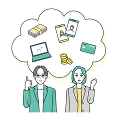 笑顔でグッドサインをするビジネスパーソンのイラストとアイコンセット