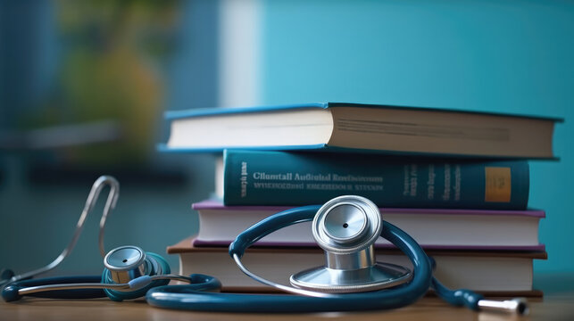 Close-up photo of stethoscope for medical doctor diagnosis on a pile of books