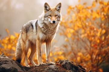 Obraz premium Beautiful photo of a wild coyote out in nature at sunset, Ai generated