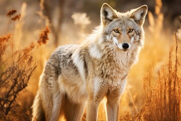 Naklejka na ściany i meble Beautiful photo of a wild coyote out in nature at sunset, Ai generated