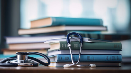 Close-up photo of stethoscope for medical doctor diagnosis on a pile of books