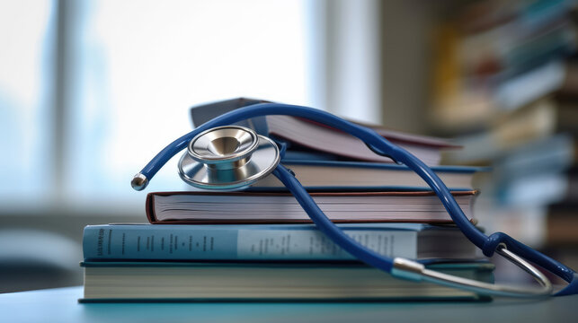 Close-up photo of stethoscope for medical doctor diagnosis on a pile of books