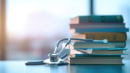 Close-up photo of stethoscope for medical doctor diagnosis on a pile of books