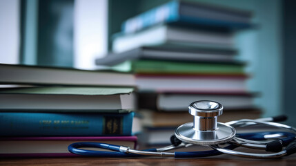 Close-up photo of stethoscope for medical doctor diagnosis on a pile of books