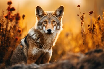 Fototapeta premium Beautiful photo of a wild coyote out in nature at sunset, Ai generated
