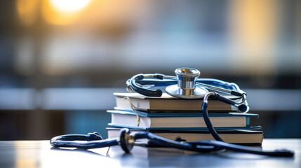 Close-up photo of stethoscope for medical doctor diagnosis on a pile of books