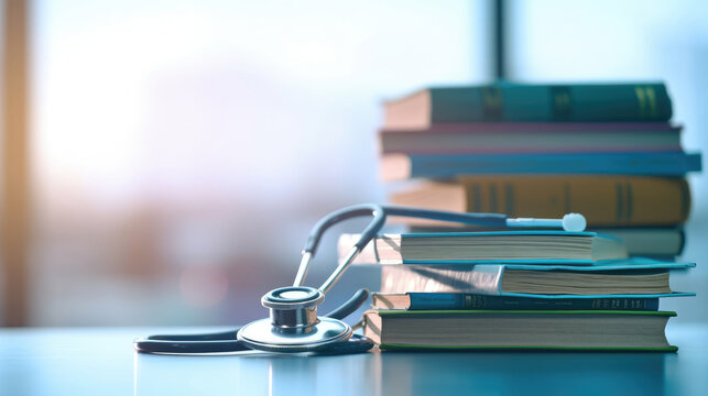Close-up photo of stethoscope for medical doctor diagnosis on a pile of books