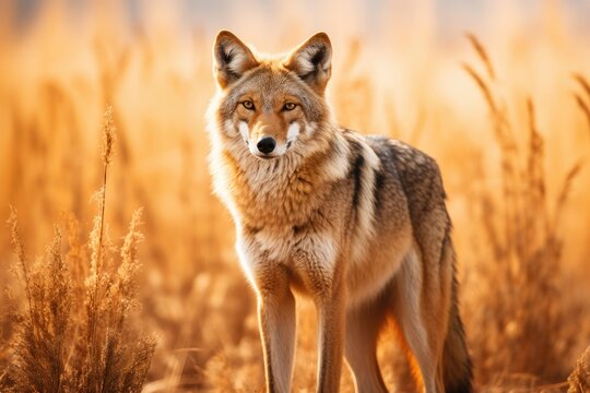 Beautiful photo of a wild coyote out in nature at sunset, Ai generated