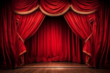 A captivating theater poster with a red curtain, inviting audiences to explore a rich historical play. Generative AI