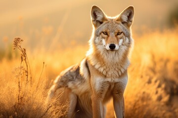 Fototapeta premium Beautiful photo of a wild coyote out in nature at sunset, Ai generated
