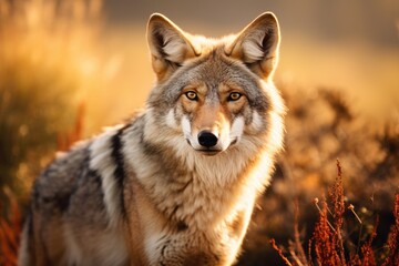 Obraz premium Beautiful photo of a wild coyote out in nature at sunset, Ai generated