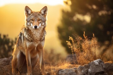 Obraz premium Beautiful photo of a wild coyote out in nature at sunset, Ai generated