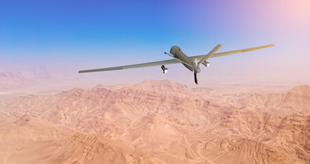 MQ military drone flying over desert on the Middle East