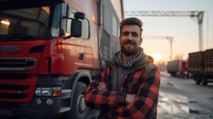 Smiling truck driver standing near truck at outside warehouse. - obrazy, fototapety, plakaty