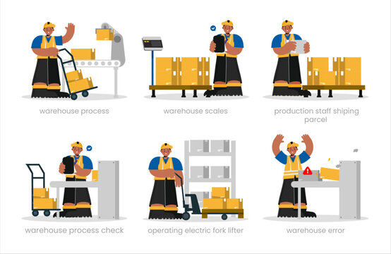 Warehouse worker set. warehouse process, warehouse scales, shiping parcel, warehouse process check, operating electric fork lifter, warehouse error. vector illustration