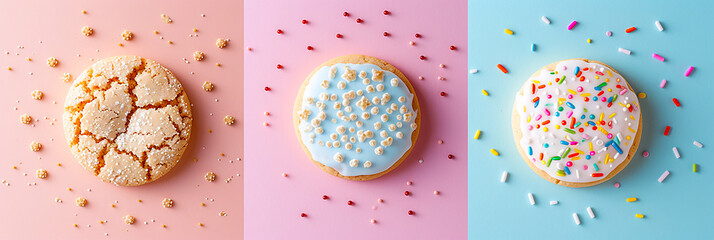 Image of a row of cookies on pastel color background
