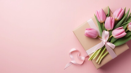 Bouquet of pink tulips and Gift box with pink ribbon on light pastel background. 8 march or birthday concept with copy space
