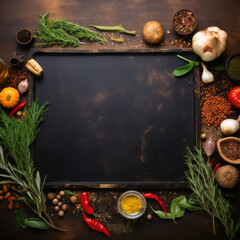 Spices and vegetables. Top view. Free space for your text. Food background.