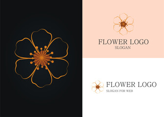 Elegant Botanical Logo in Minimalist Line Art Style. Golden Flower Icon