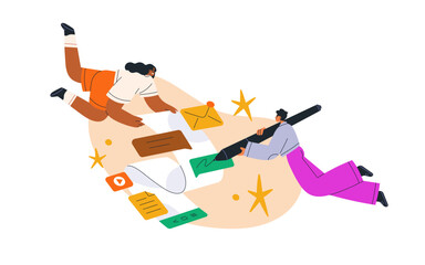 Online messages, internet content, digital marketing concept. Creative business in social media. Support chat in network, answering inquiries. Flat vector illustration isolated on white background