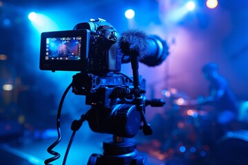 Professional digital Mirrorless camera with microphone on the tripod recording video blog of asian Speaker on the stage seminar, Camera for photographer or Video and Technology Live