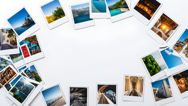A collection of Polaroid photos of major travel destinations. generative AI