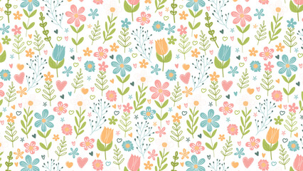 Colorful Floral seamless Pattern With a Variety of Flowers and Leaves on a White Background