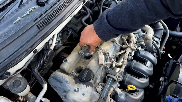 Auto mechanic Installing and checking the ignition coil of a car engine