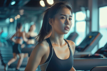 Sporty asian woman in a sports bra doing exercise by running on treadmill during a workout at the gym fitness center - obrazy, fototapety, plakaty
