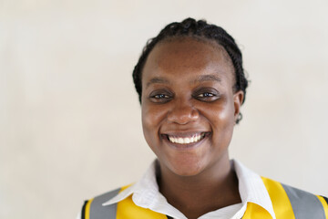Happy African black ethnicity female engineer portrait.