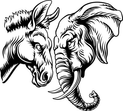 Republican and democrat elephant and donkey facing off American election party politics concept