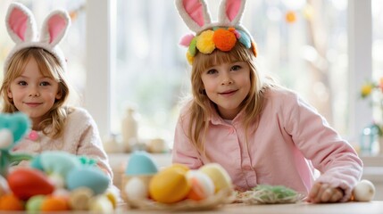Fototapeta premium Sisters Celebrating Easter with Bunny Ears and Eggs. Two adorable sisters wear bunny ears and smile brightly as they play with colorful Easter eggs on a sunny holiday morning.