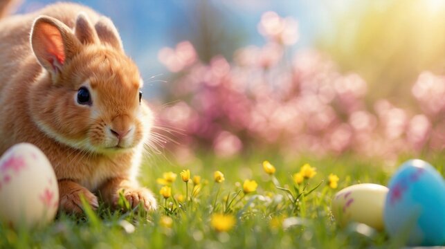 Easter Bunny with Decorated Eggs in Spring Meadow. A charming Easter bunny sits among painted eggs and blooming flowers in a vibrant spring meadow, basking in the warm sunlight.