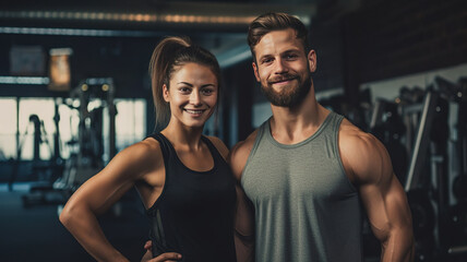 Fototapeta na wymiar Handsome young sporty couple demonstrating biceps, looking at the camera and smiling, against the backdrop of a modern gym with space for text. sports advertising