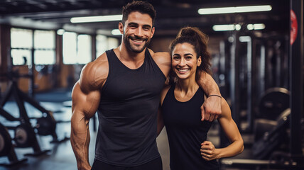 Plakat Handsome young sporty couple demonstrating biceps, looking at the camera and smiling, against the backdrop of a modern gym with space for text. sports advertising