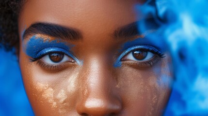 Young black woman with beautiful bright brown eyes with shining blue shadows, beige lipstick and expressive eyebrows, pitted look of colored paper, fashion, beauty, make-up, cosmetics, salon style - obrazy, fototapety, plakaty