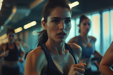 Sporty woman in a sports bra doing exercise by running on treadmill during a workout at the gym fitness center - obrazy, fototapety, plakaty