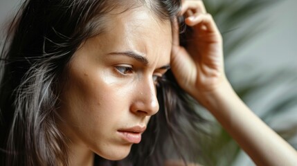 Obraz premium woman very sad and upset looking at damaged hair, hair loss, hair thinning problem, vitamin deficiency, baldness, postpartum, biotin, zinc, menstrual or endocrine disorders, hormonal imbalance