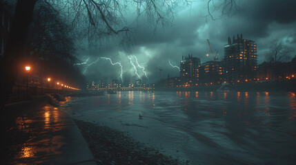 Dark storm clouds with lightning over Thames river in London.