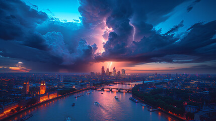 Dark storm clouds with lightning over Thames river in London. - obrazy, fototapety, plakaty