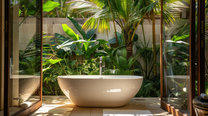 A freestanding bathtub in a tranquil tropical bathroom oasis with lush greenery and natural light.