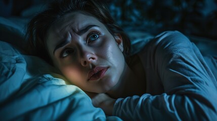 woman in bed late trying to sleep suffering insomnia, sleepless or scared in a nightmare, looking sad worried and stressed. Tired and headache or migraine waking up in the middle of the night.