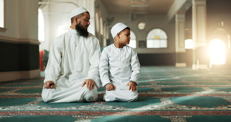 Muslim, praying and father with child in Mosque for spiritual religion together or teaching to...