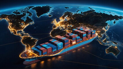 cargo ship laden with containers on digital night world map, transportation all over the world