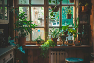 Tiny house interior with natural wooden decor, many plants