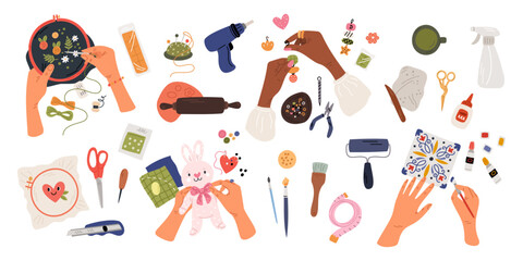 Cartoon handmade crafts elements. Tools for hobbies. Human hands creating embroidery. Collect jewelry. Sew toys and paint ceramics. Handmade accessories. Garish vector handicrafts set