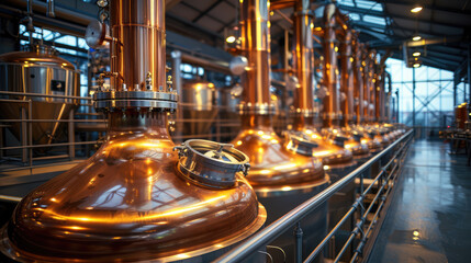 Shiny copper brewing vats and distillation equipment in an industrial beer brewery with intricate piping.